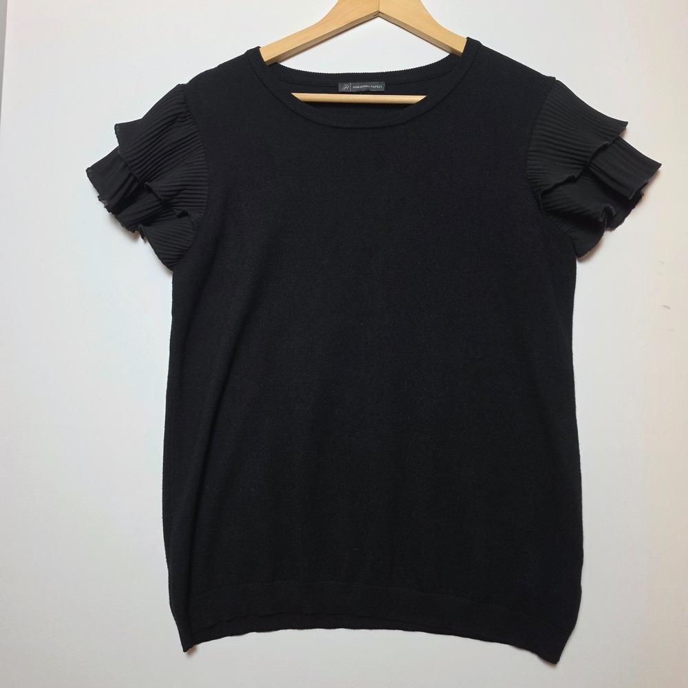 Adrianna Papell Pleated Ruffle Tiered Sleeve Knit Top Black Size Large